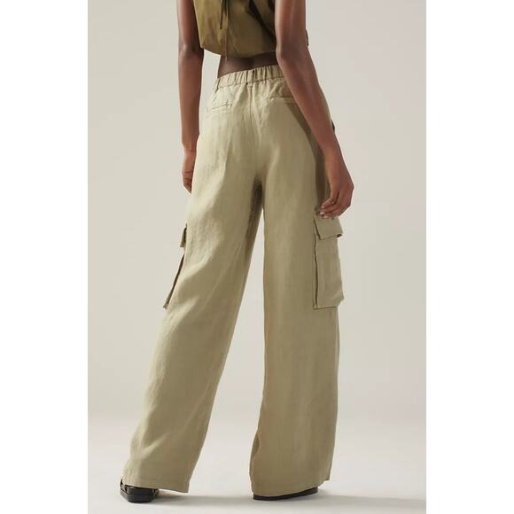 Sanctuary Anthropologie Hopper Straight Leg Cargo Pants Green 100% Linen Sz 26 - Picture 2 of 12